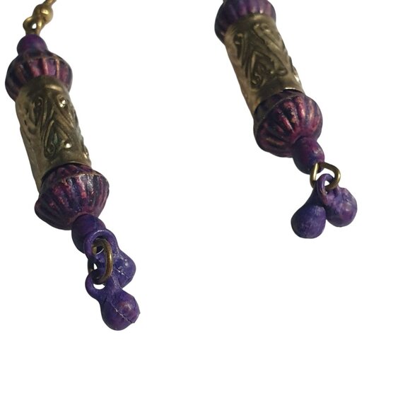 Vintage Handcrafted Brass Purple Beaded Dangle Earrings Boho Bali Core Design - Picture 6 of 7